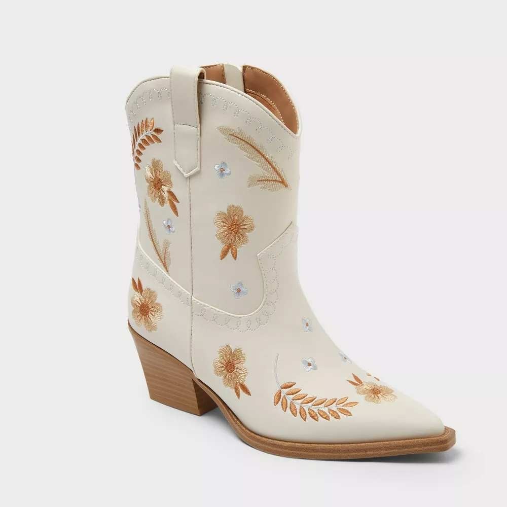 Universal Thread Womens Val Embroidered Ankle Boots Cream Floral Pointed Toe 7